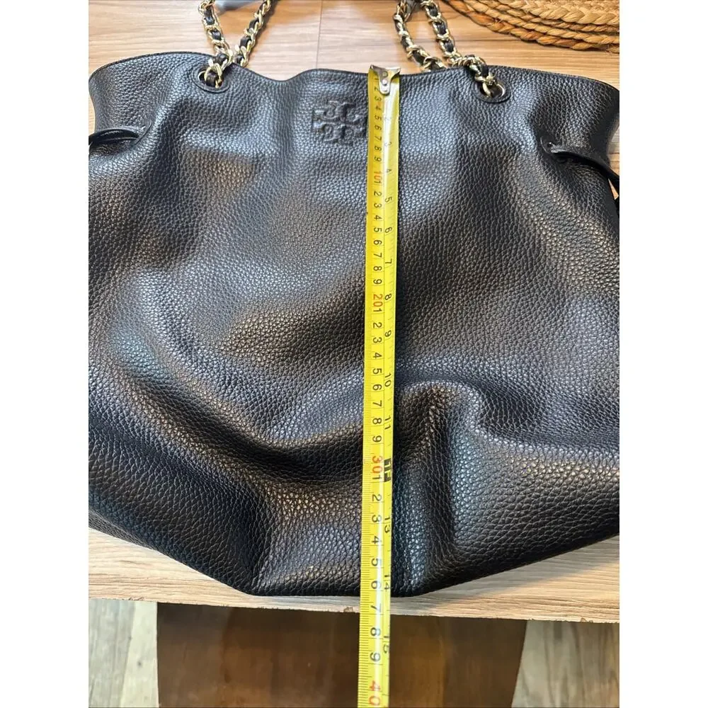 Tory Burch Thea Slouchy Chain Tote Bag Black Pebble Leather Gold Chain EUC